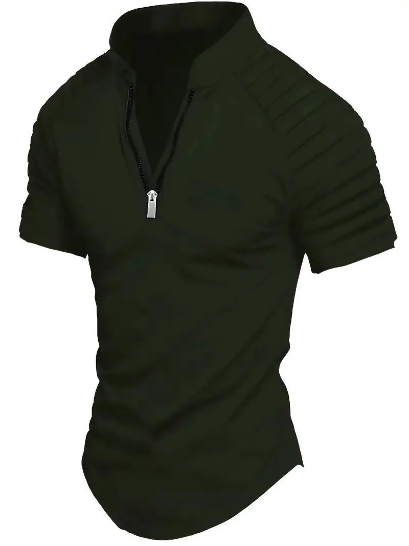 Mens polo shirt for spring sports solid color stand up collar pleated zipper breathable and casual summer fashion top short sleeved 250402