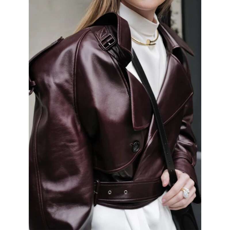 Wine Red Retro PU Autumn And Winter Women's Street Temperament Lapel Tie Warm Slim Fit Office Casual Short Jacket