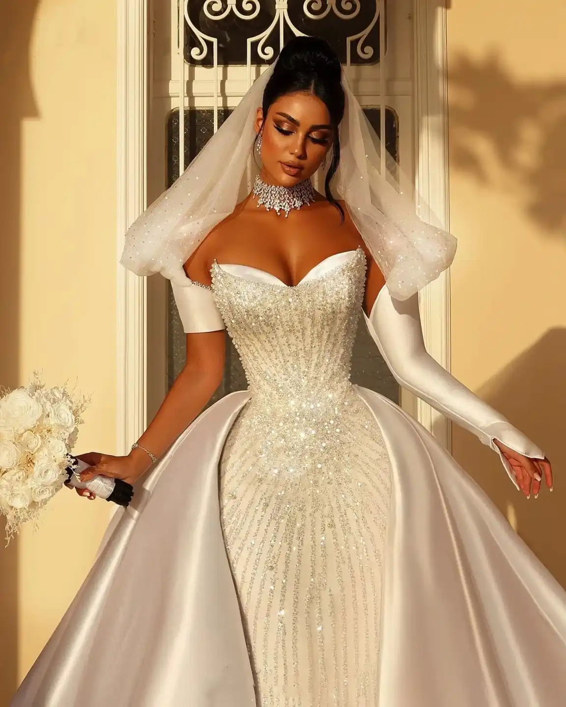 Crystals Mermaid Elegant Wedding Dresses With Lace Detachable Train Backless Party Plus Size Custom Made Plus Size For Special Occasion vestido de nov