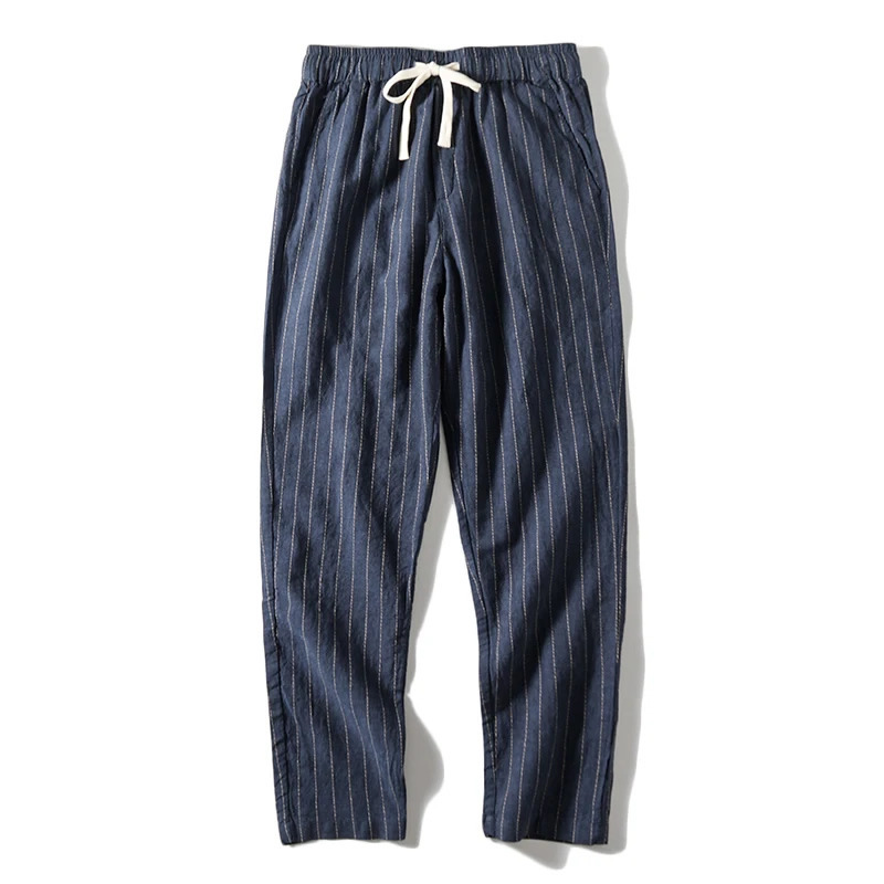Cotton and Linen Comfortable Mens Fashion Trend Summer Pure Straight Stripe Thin Breathable Solid Color Loose Casual Pants 250408