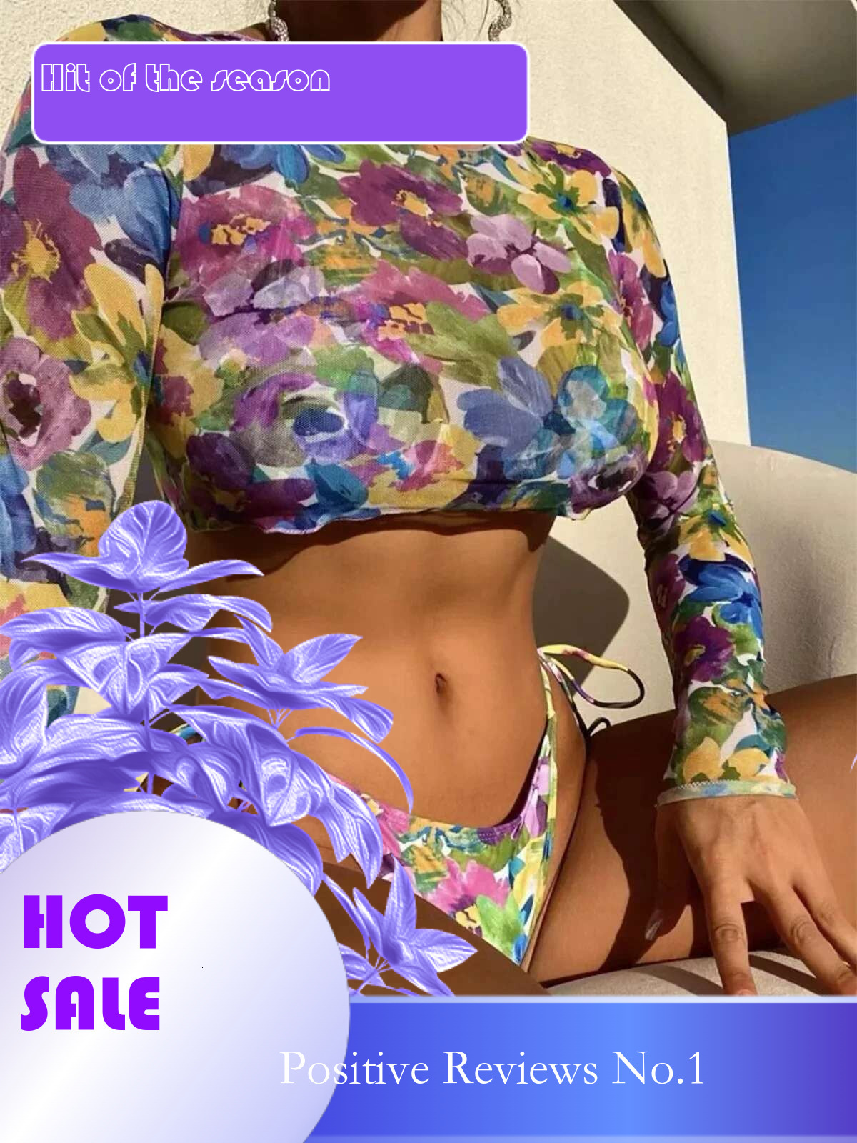Dongdumaoyi Sexy Mesh Cover Up Bikini Set Women Long Sleeve Tie Dye Floral Print Thong Piece Swimsuit Beach Bathing Suit Swimwear
