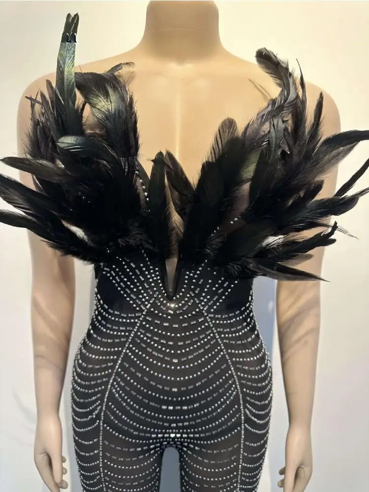 Feather V-Neck Strapless Jumpsuit Women Sexy Dias Mesh See Through Bodycon One Piece Rompers Midnight Clubwear