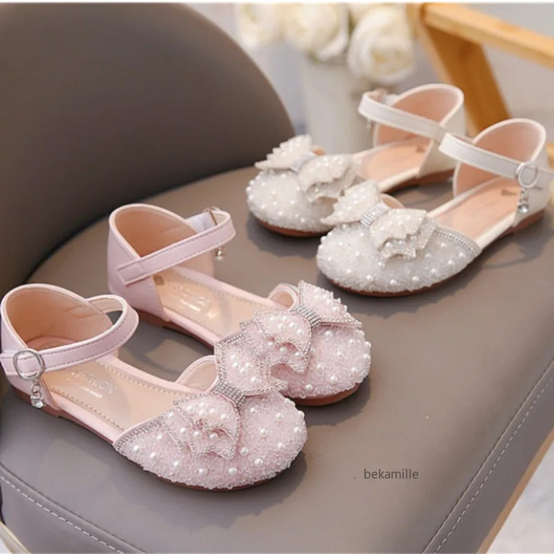 Girls Princess Shoes Spring And Summer Sandals White Flat Dress Shoes Pearl Decoration For Kids And Teens 250408