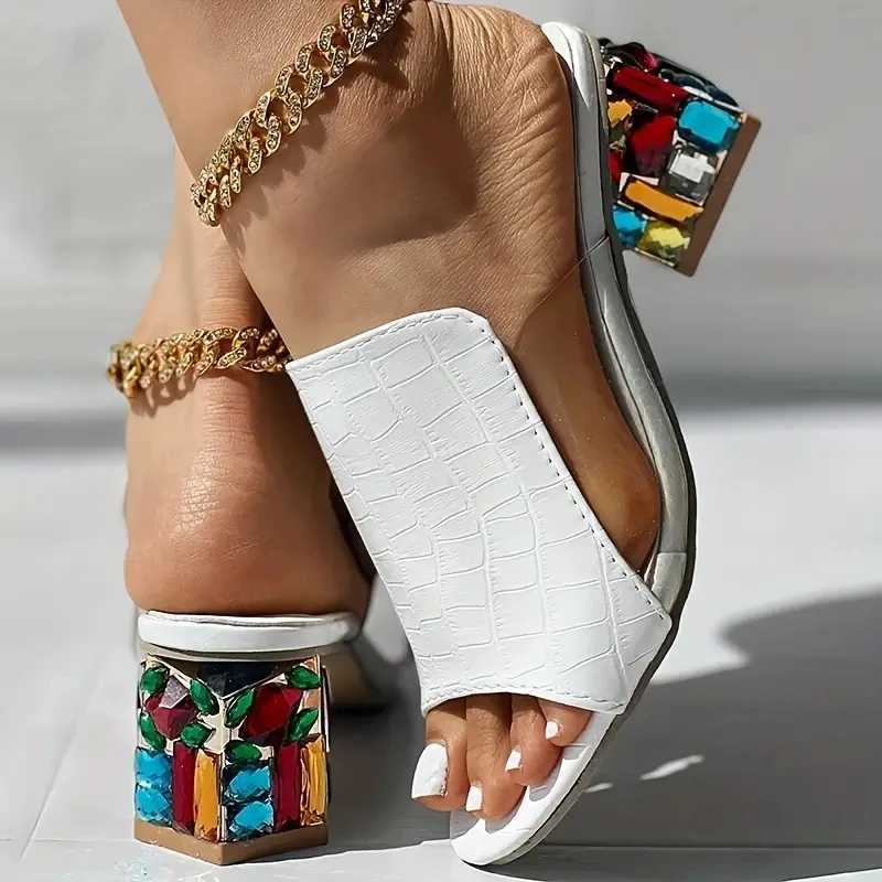 Womens Crystal Sandals 2024 Spring/Summer Open Toe Sandals Square High Heels Beach Fi Sandals Womens Sandals De MujerXJ250407