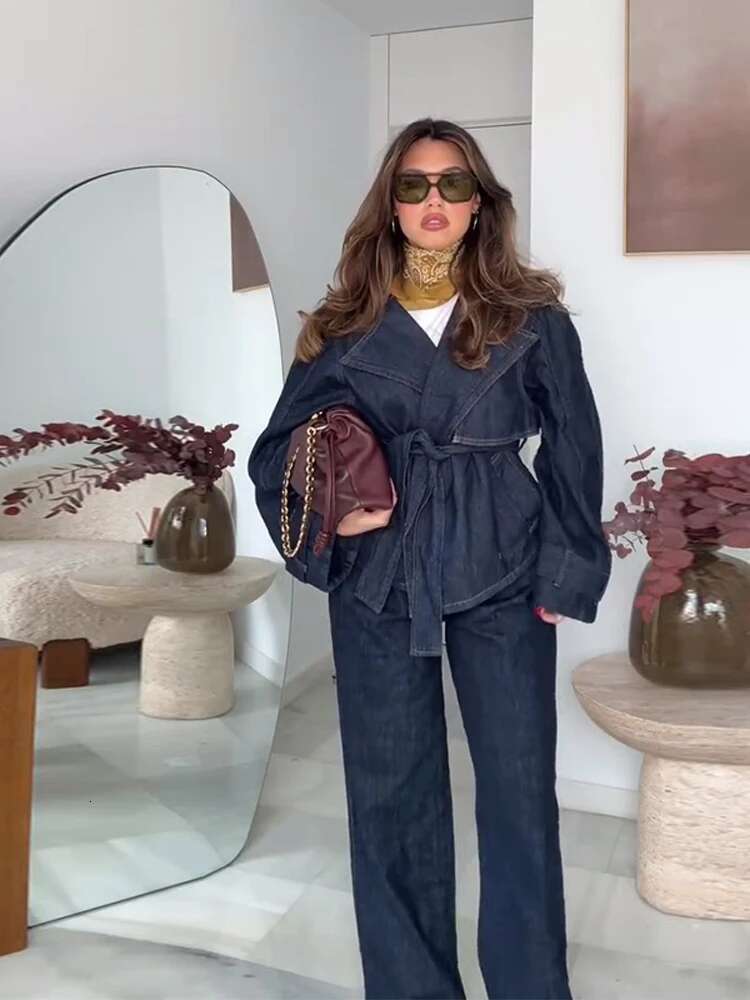 Women's Denim Pants Set Long Sleeve Jacket With Belt Matching High Waist Straight Leg Jeans Spring New Casual Daily Outfits