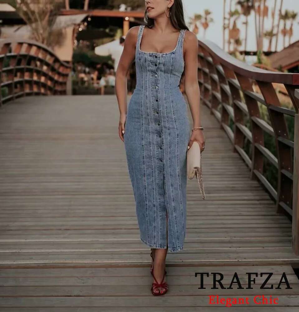 TRAFZA Casual Elegant Denim Halter Women's Buttons Slim New 2024 Summer Fashion Holiday Basic Dress