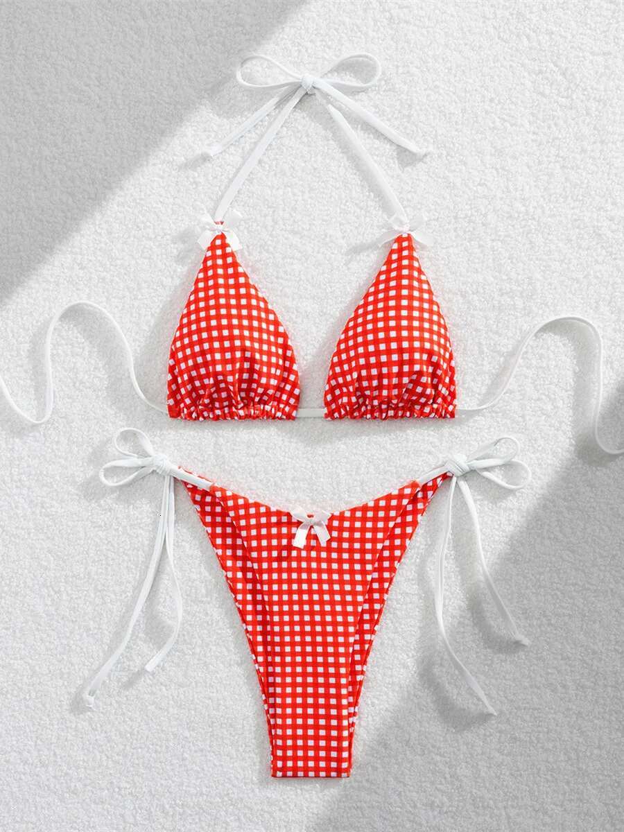 Dongdumaoyi Push Up Bikini Set Women Sexy Red Plaid Print Summer Micro Swimsuit Brazilian Cut Out Beach Bathing Suit Thong Swimwear