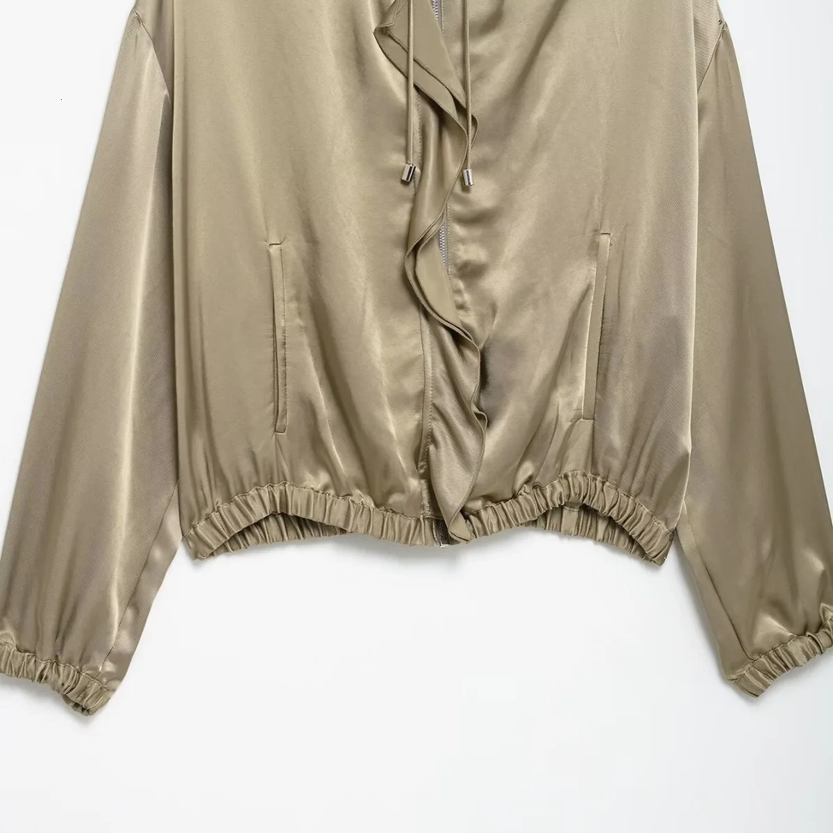 ZBZA Womens Satin Ruffle Jacket Round Neck Long Sleeve Drawstring Necklace Front Zipper Top SpringSummer Fashion 250407