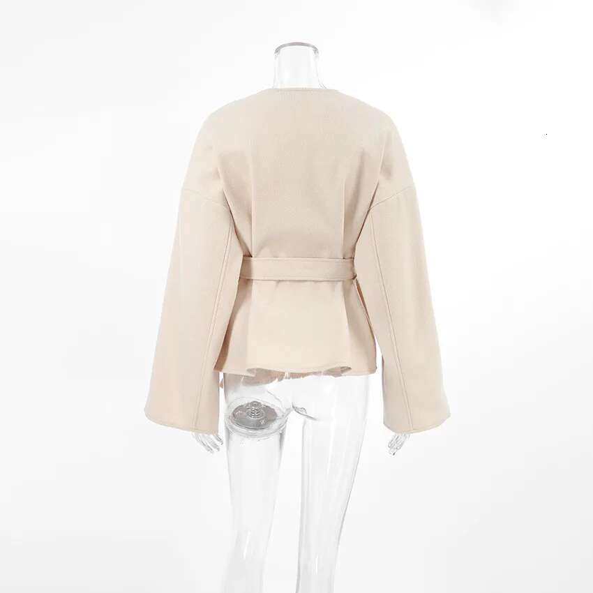 Fashion Solid Lace Up Coat For Women Elegant V-Neck Long Sleeve Jacket 2024 Autumn Winter New Lady Street Outerwear Clothes