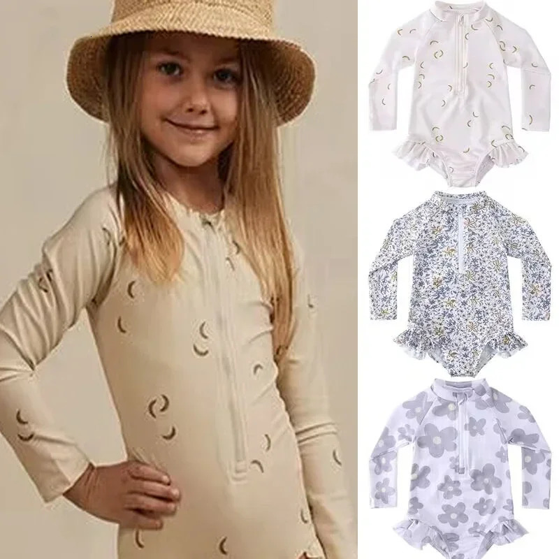 UV Baby Girl Swimsuit One Piece Swimming Jumpsuit Ruffles Bathing Suit SPF 50 Long Sleeve Kids Swimwear for Girls 1-7 Years 250407
