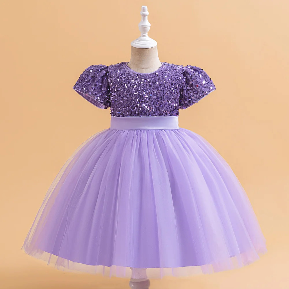 Summer Sequin Bow Girls Party Dress Christmas Costumes Fluffy Wedding Birthday Princess Prom Dresses Girl Bridemaid Evening Gown 250408