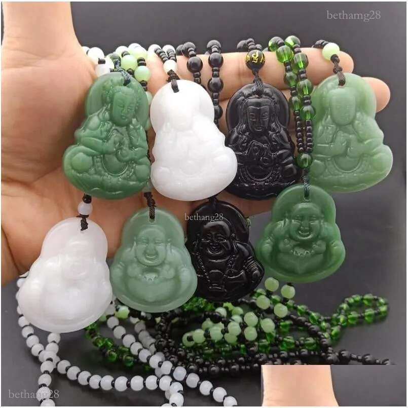 Pendant Necklaces Natural Stone Maitreya Buddha Necklace For Women Men Chinese Carved Amulet Choker Jewelry Drop Delivery Ot9Mc
