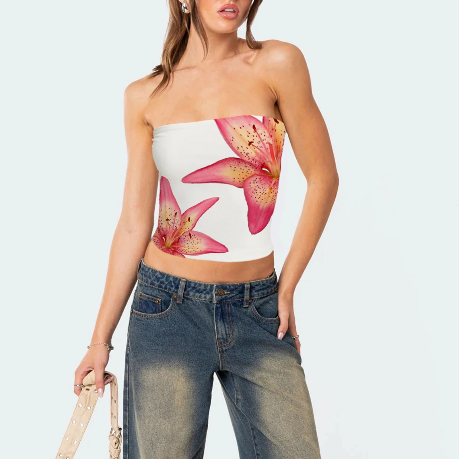 Women Strapless Tank Top Camis Womens Lily Print Slim Tube Tops Flower Pattern Bandeau Show Navel Shirt Streetwear 250407