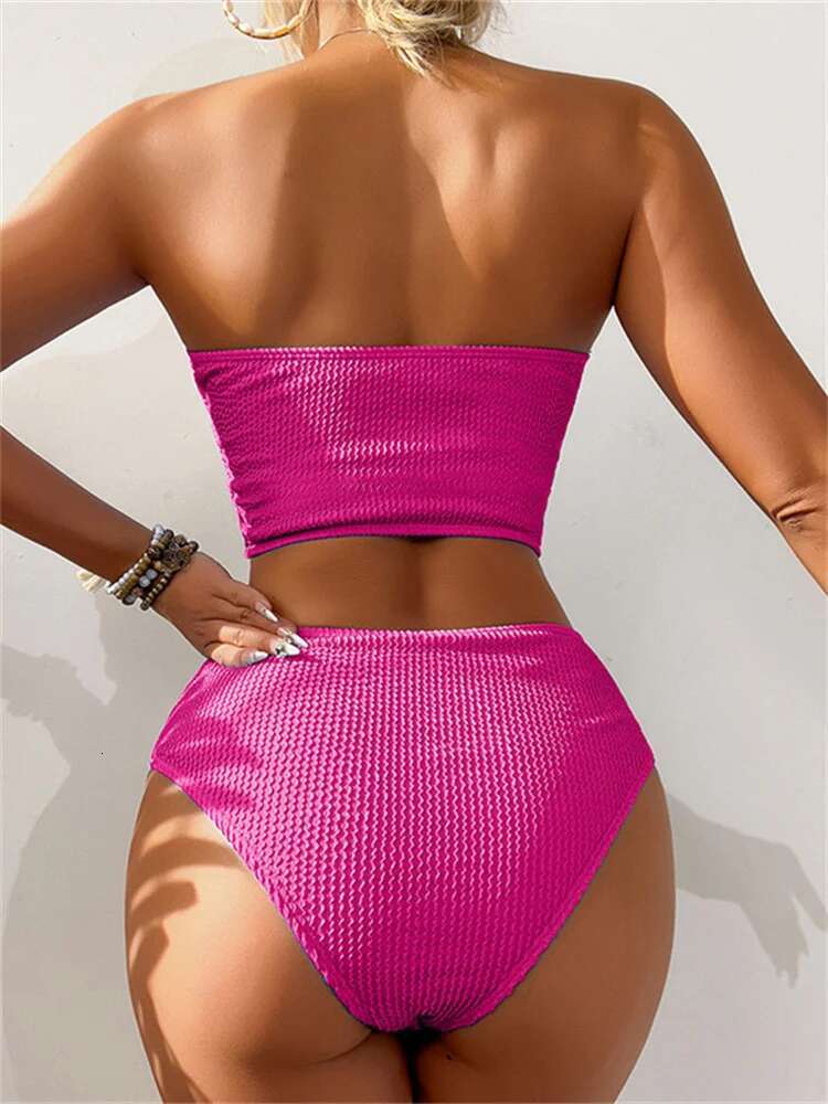 Dongdumaoyi Sexy Bandeau Bikini Mujer Women Black Ribbed Push Up High Waist Swimsuit Summer Beach Bathing Suit Holiday Swimwear Biquini