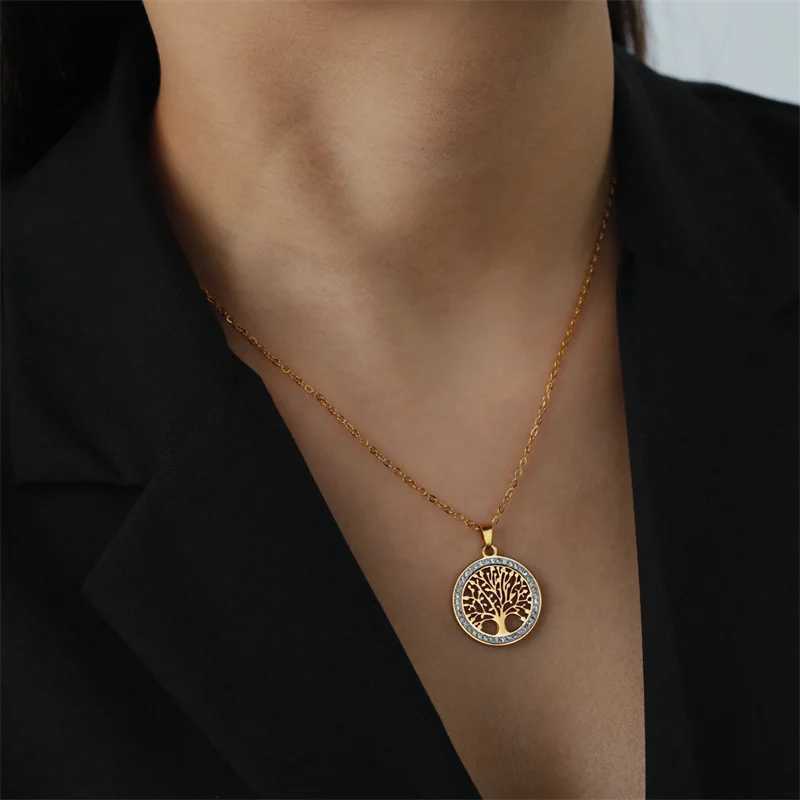 Trendy Stainless Steel Rhinestone Tree of Life Pendant Necklace For Women Charm Summer Clavicle Chain Jewelry Colgantes CadenaC250407