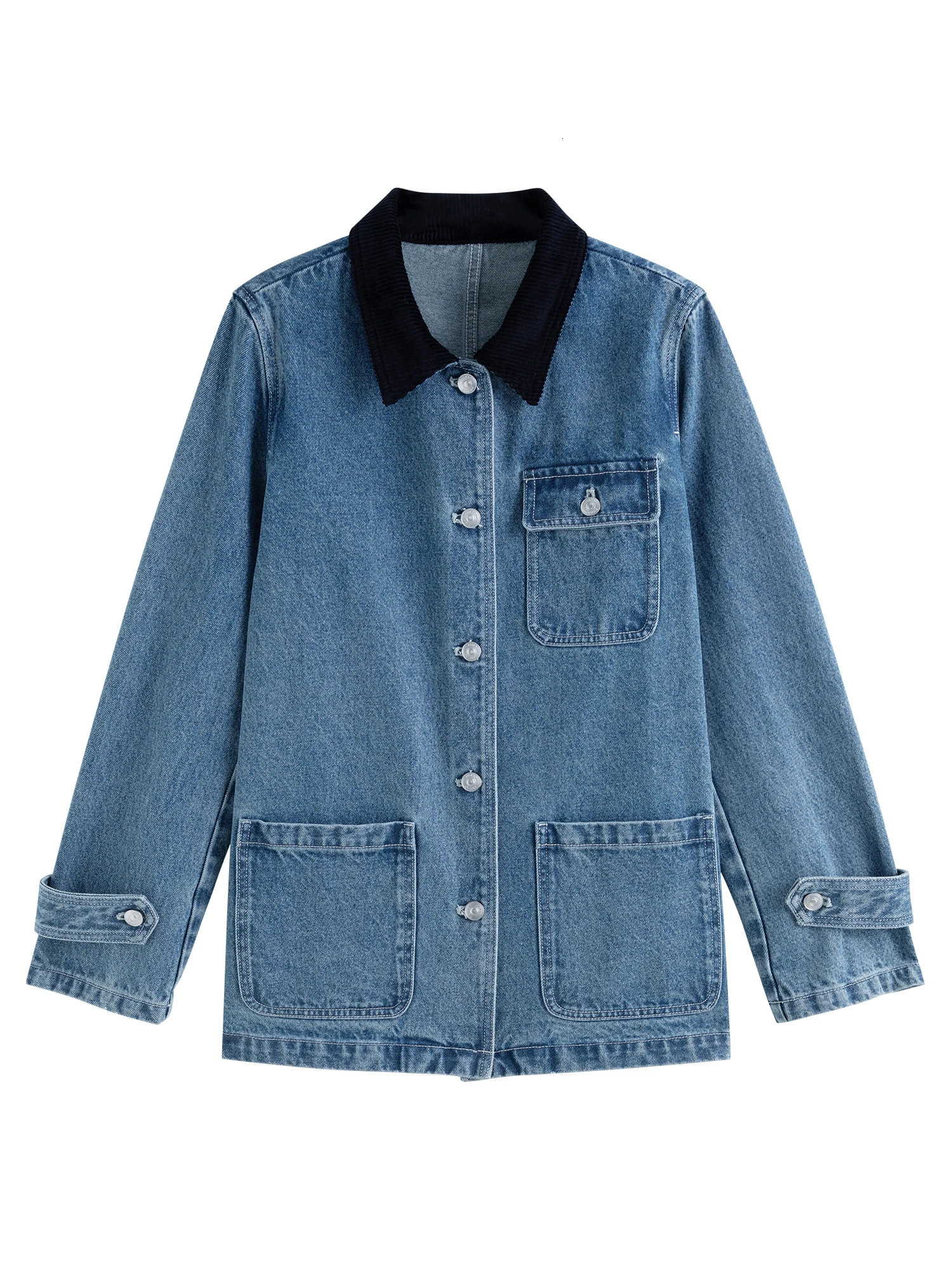 ZIQIAO Womens Denim Blue Coat Polo Neck Patch Work n Winter Casual Straight 100% Cotton Jacket 24ZQ93040 250407
