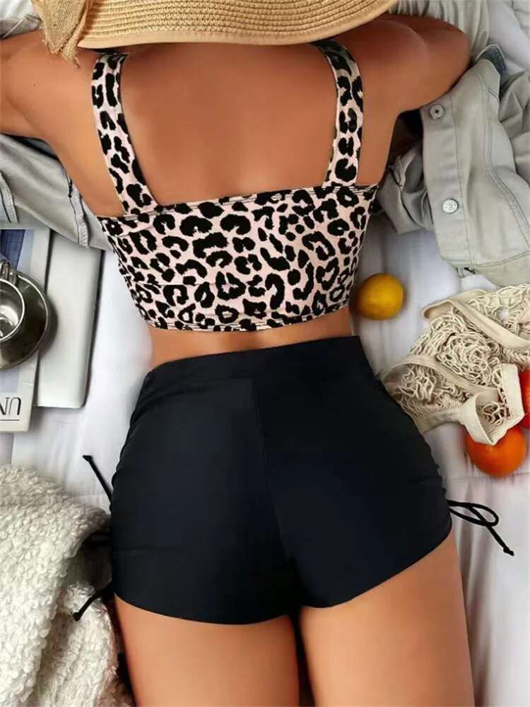 Dongdumaoyi Vintage Black Leopard Print Bikini Set Women Drawstring Side High Waist Panties Swimsuit Bathing Suit Swimwear Beachwear