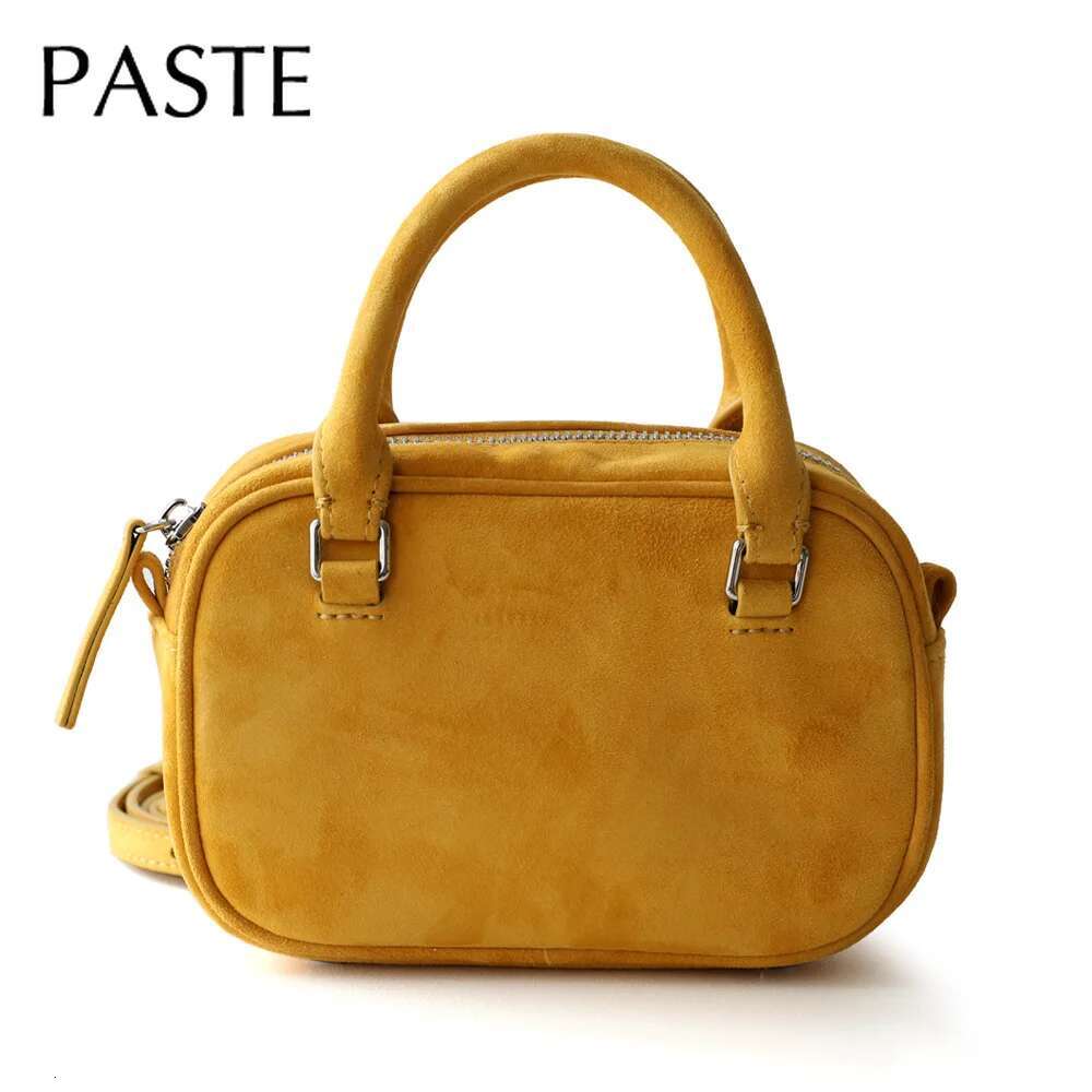 Korean Style Minimalist Retro Aron Color Mini Tote Yellow Suede Cow Leather Women Crossbody Bag Sheep Wool Handbag