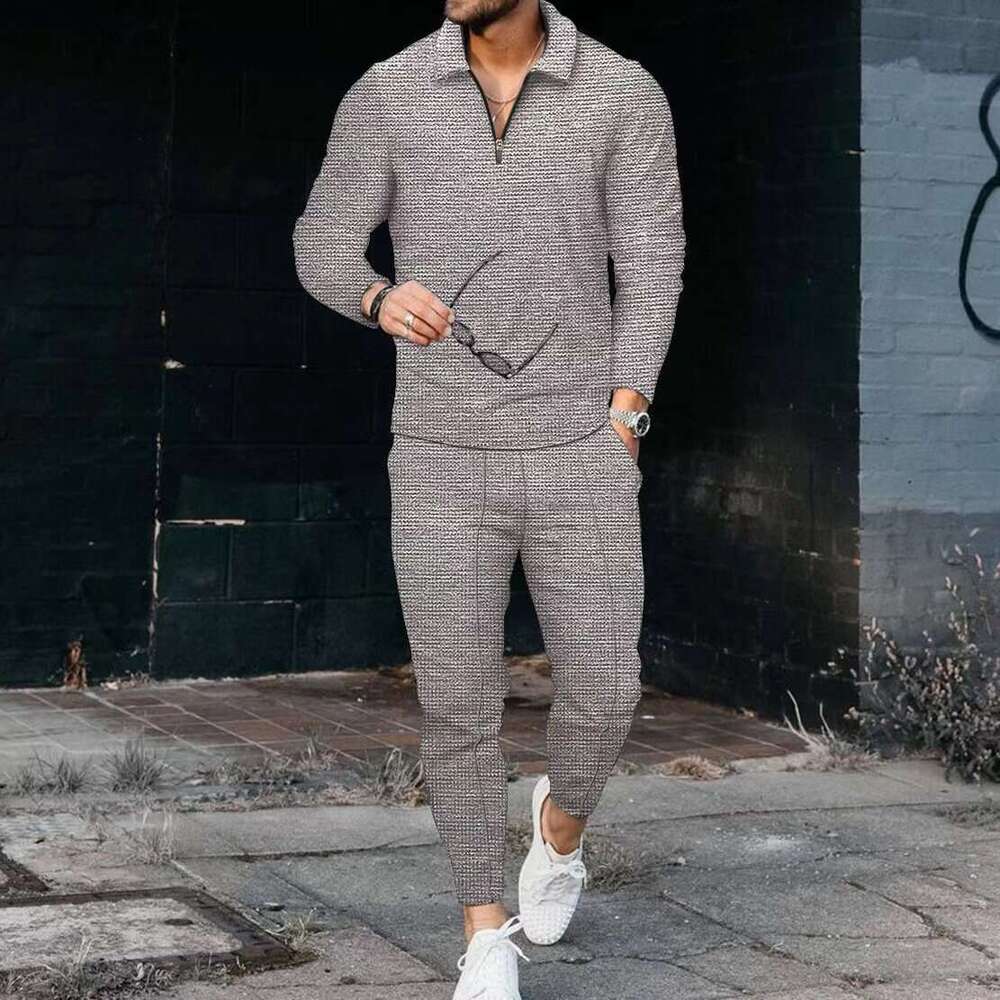 Popular men's textured suit long sleeved polo shirt sports pants fashionable half zipper stand up collar set new casual fashion trend clothing