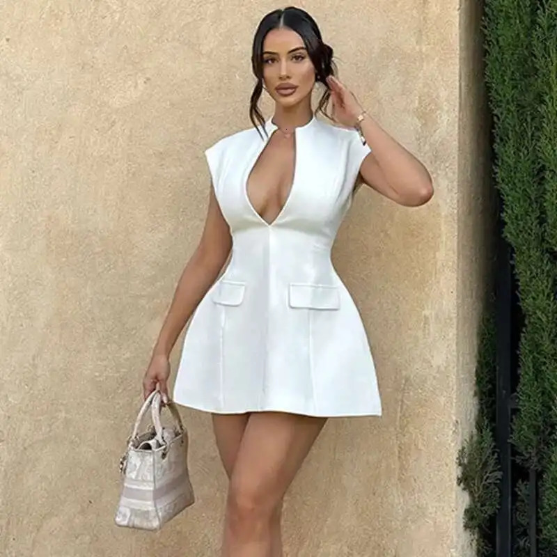 Townlike Pocket Elegant A-line Dress Women Mini Spring Summer Dress Deep V Neck Nightclub Sexy Party Dresses Vestidos 250408