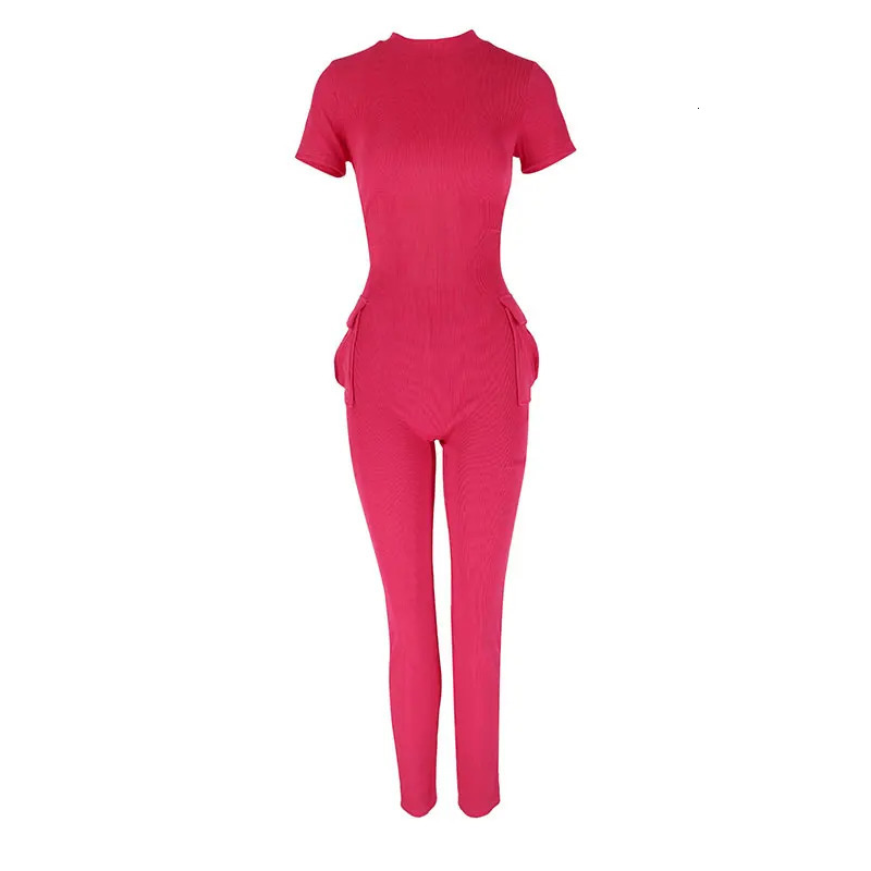 Womens Jumpsuits Sexy Sweet Pink Hollow Out Jumpsuit Streetwear Fashion Pockets Short Sleeve Lady Elegant Rompers Clothing 250407