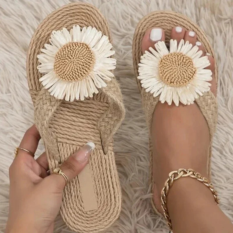Linen Flower Decor Flip Flops Fashion Women Slides Flat Heel Outdoor Beach Summer Woman Slippers Ladies Shoes 250408