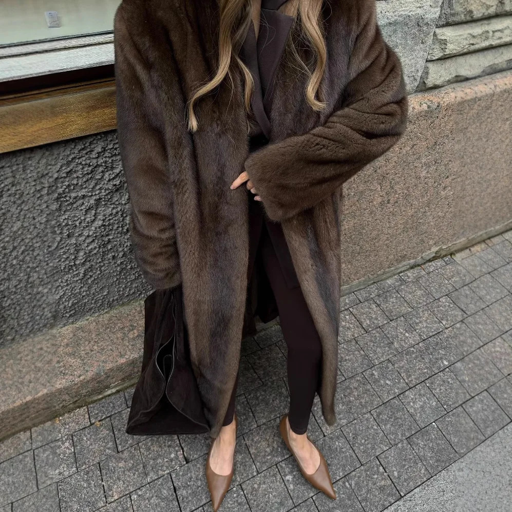 KIDCRKJ Winter Womens Artificial Eco Fur Jacket Brown VNeck Thermal Ladys Faux Coat Chic Long Floor Length Mink 251103