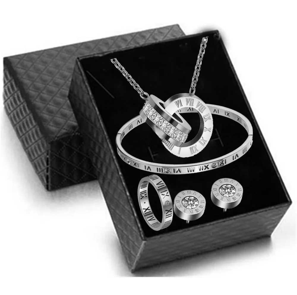 Luxury Roman numeral necklace earring bracelet ring set womens timeless 316L stainless steel wedding jewelry set gift box Y250408