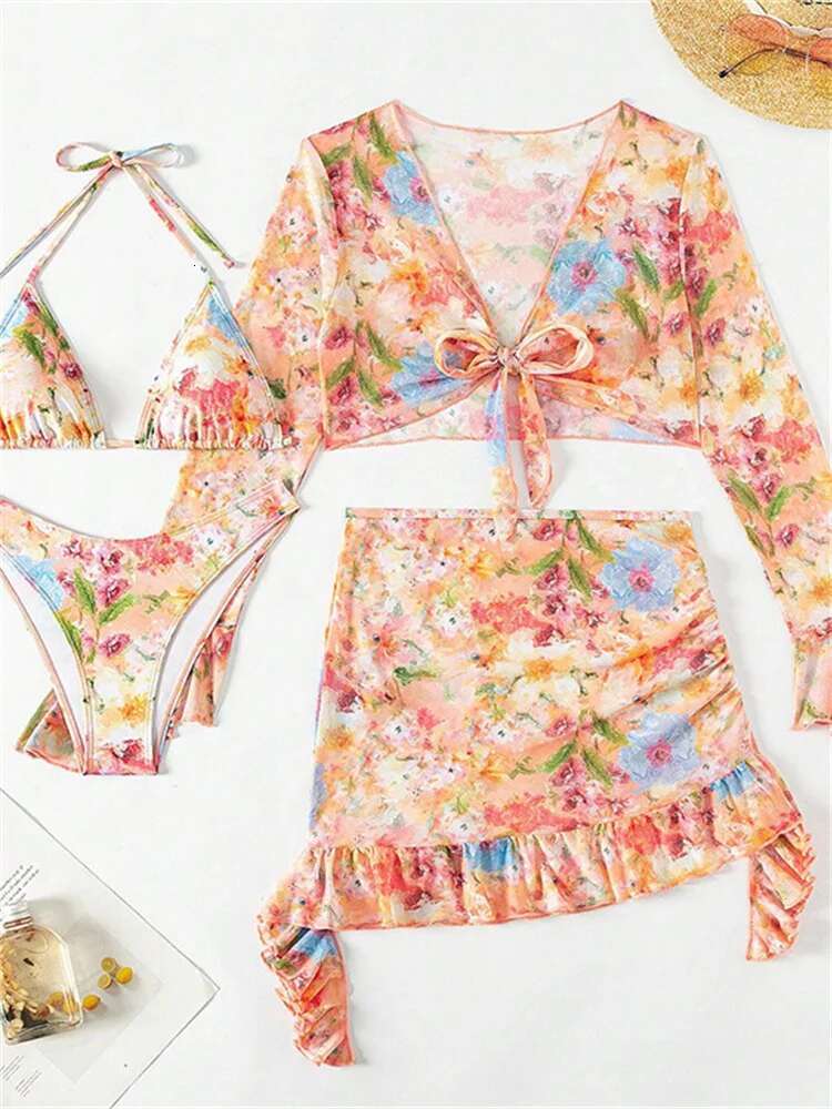 Dongdumaoyi Piece Bikini Set Women Orange Floral Print Long Sleeve Mesh Cover Up Ruffle Skirt Swimsuit Sexy Bathing Suit Swimwear