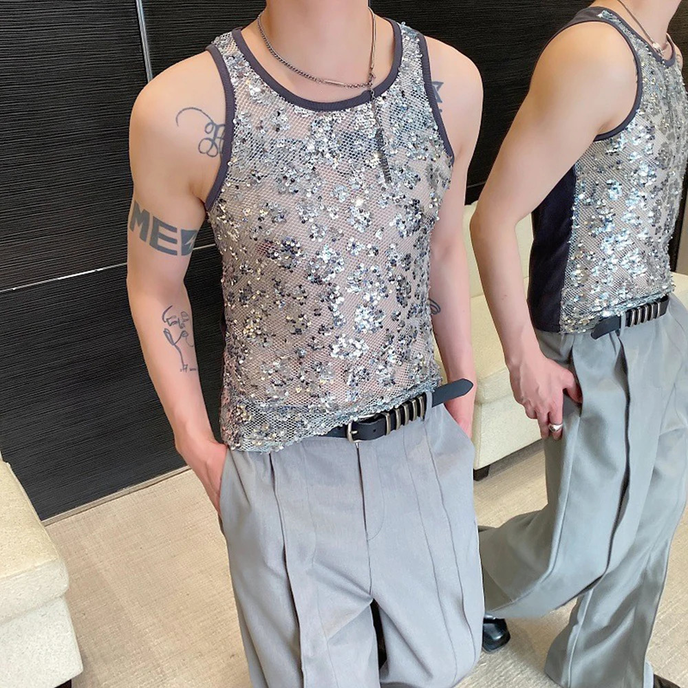 Mens tank top sequin performance casual vest spring street fashion youth campus stage vest old style mens clothing style 250402