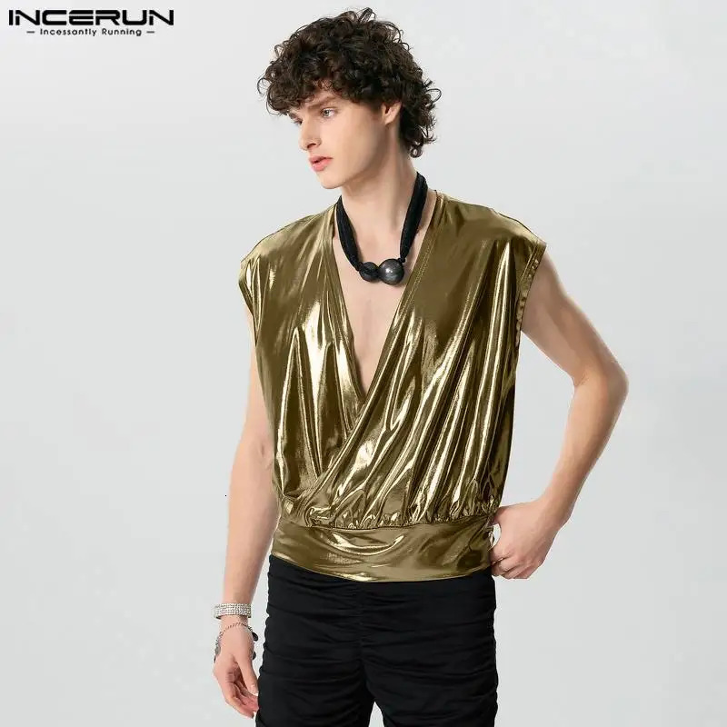 Mens Tank Top Sparkling V-neck Casual Mens Tank Top Solid Summer Fashion Mens S-5XL INCERUN 250402