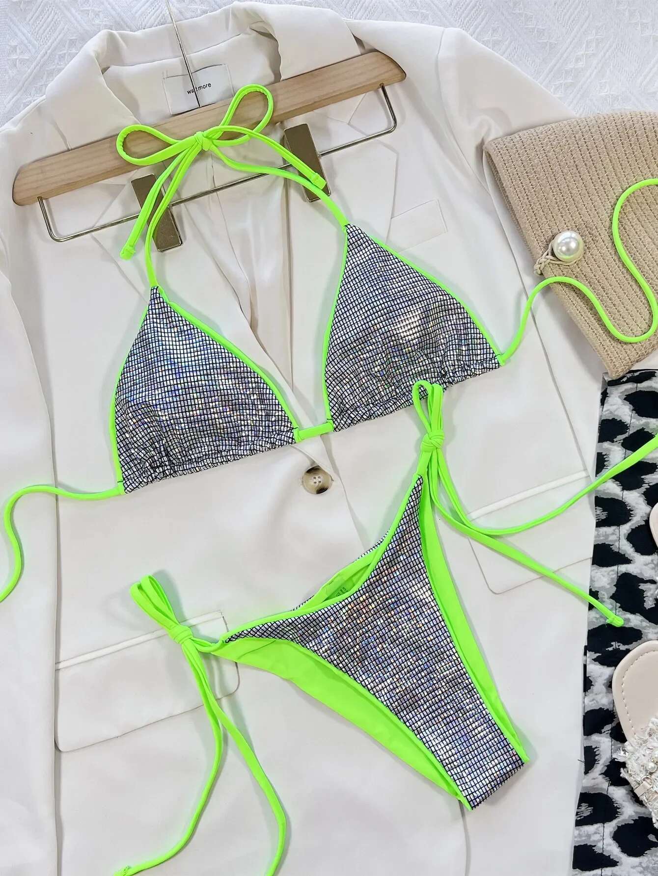 Dongdumaoyi Shiny Silver Bikini Swimsuit Women Neon Green Strap Push Up Mini Bikinis Brazilian Bathing Suit Thong Swimwear Beach Outfit