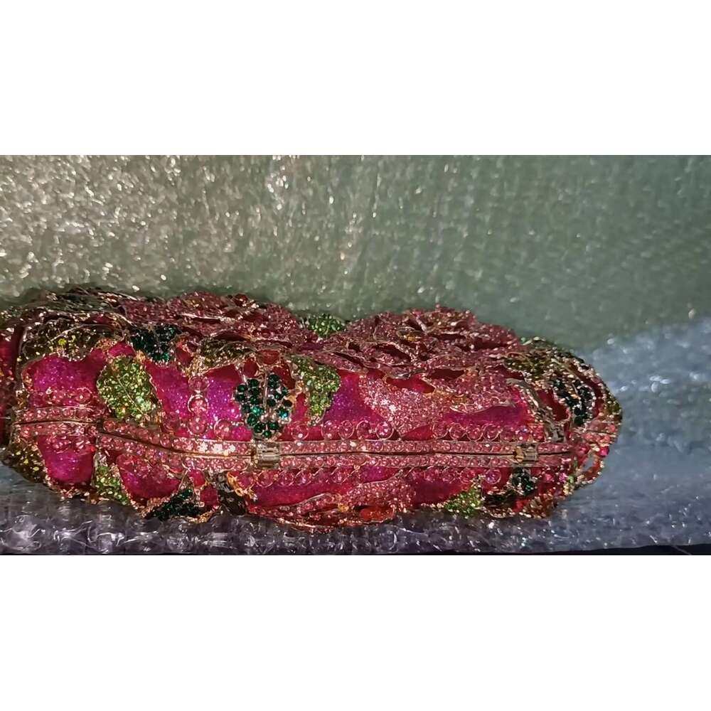 XIYUAN Pink Blooming Rose Woman Crystal Wedding Bridal Clutches Purses Formal Dinner Banquet Dia Handbags Party Evening Bags