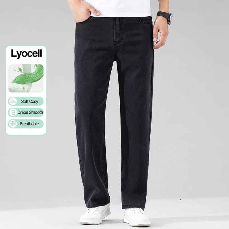 Summer thin Lyocell mens black jeans loose straight soft silk casual elastic wide leg Trousers 250401