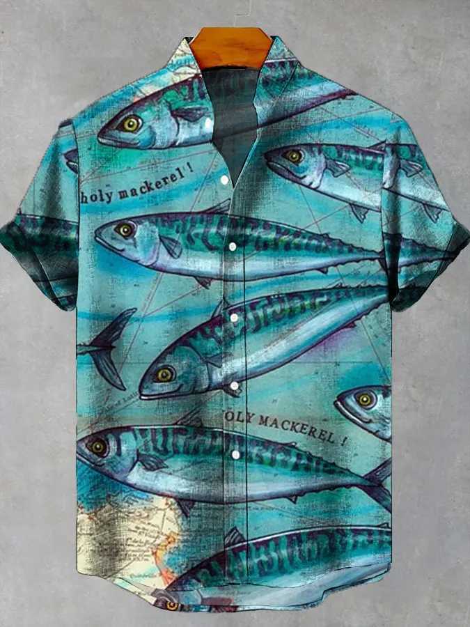 Mens casual ocean lifestyle graphic short sleeved shirt button up collar shirt oversized top casual Hawaiian mens shirtXJ250407