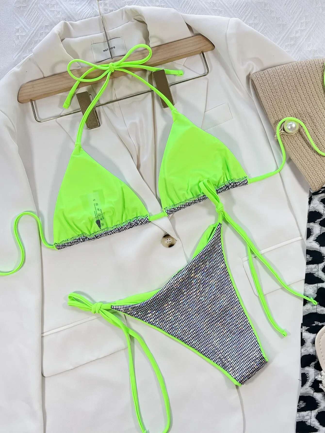Dongdumaoyi Shiny Silver Bikini Swimsuit Women Neon Green Strap Push Up Mini Bikinis Brazilian Bathing Suit Thong Swimwear Beach Outfit