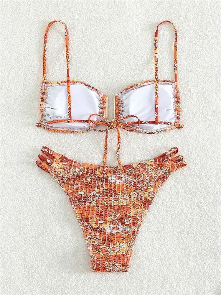 Dongdumaoyi Sexy Pleate Micro Bikini Women U Neck Push Up Orange Floral Print Swimsuit Summer Bathing Suit Lace Thong Swimwear