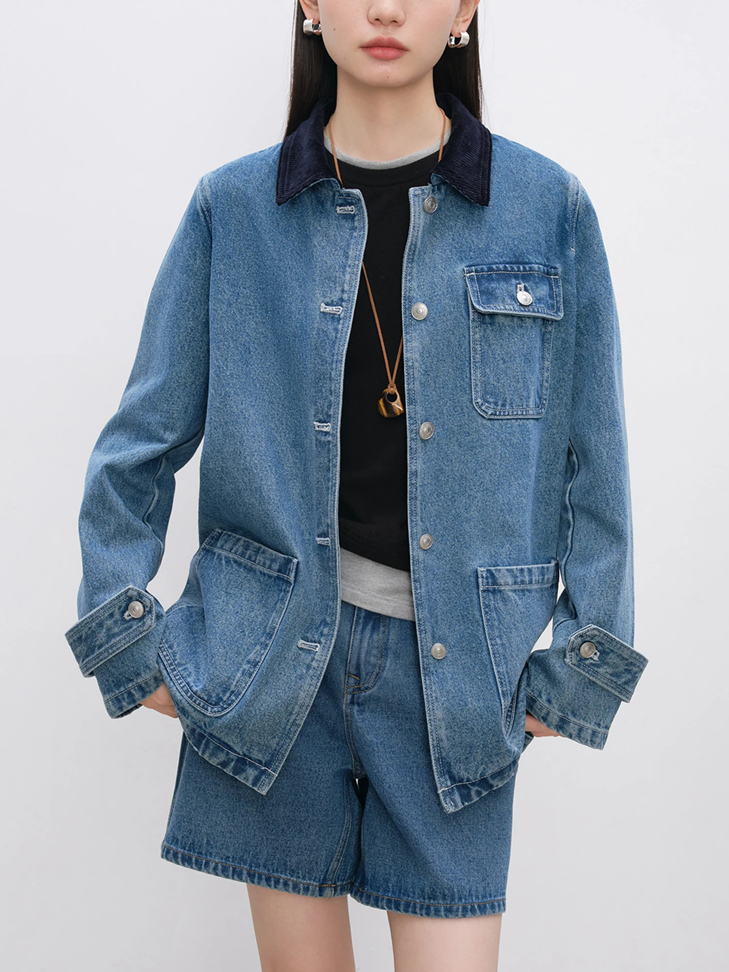 ZIQIAO Womens Denim Blue Coat Polo Neck Patch Work n Winter Casual Straight 100% Cotton Jacket 24ZQ93040 250407