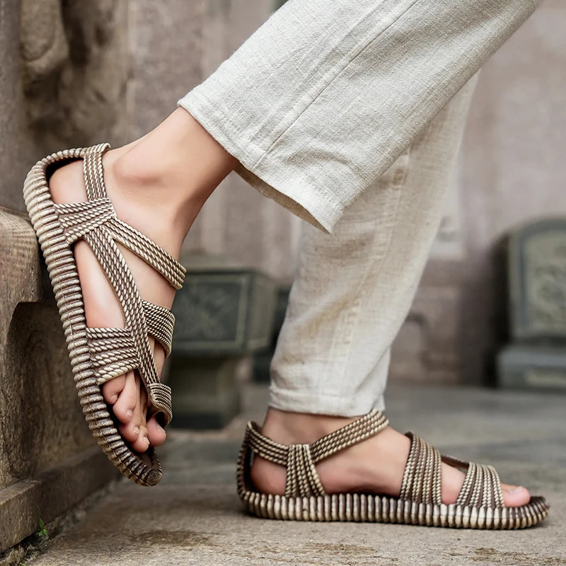 Summer Mens Straw Sandals Mens Casual Shoes Personality Wear-resistant Sandal for Men Outdoor Beach Flip-flop Size Plus 36-47 250408