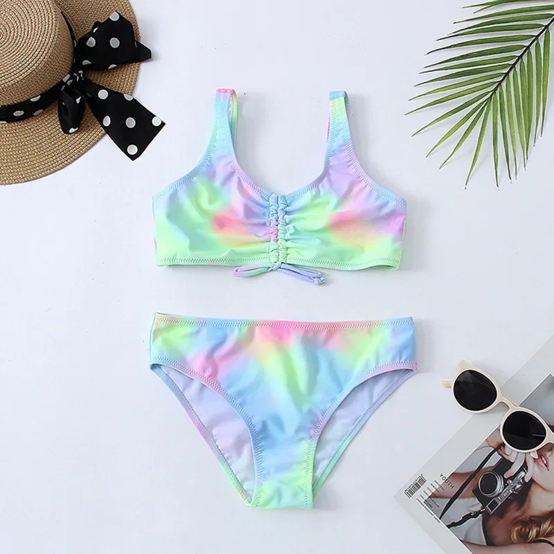 Tie dye girl swimsuit children 716 years old twopiece childrens ruffled front bikini set youth 250408