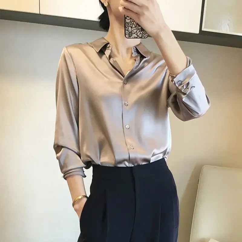 Silk Brown Clothes Wear to Work Outfits Long Sleeve Purple Spring Womens Formal Top Satin Womens Shirt and Cool Shirt 250402