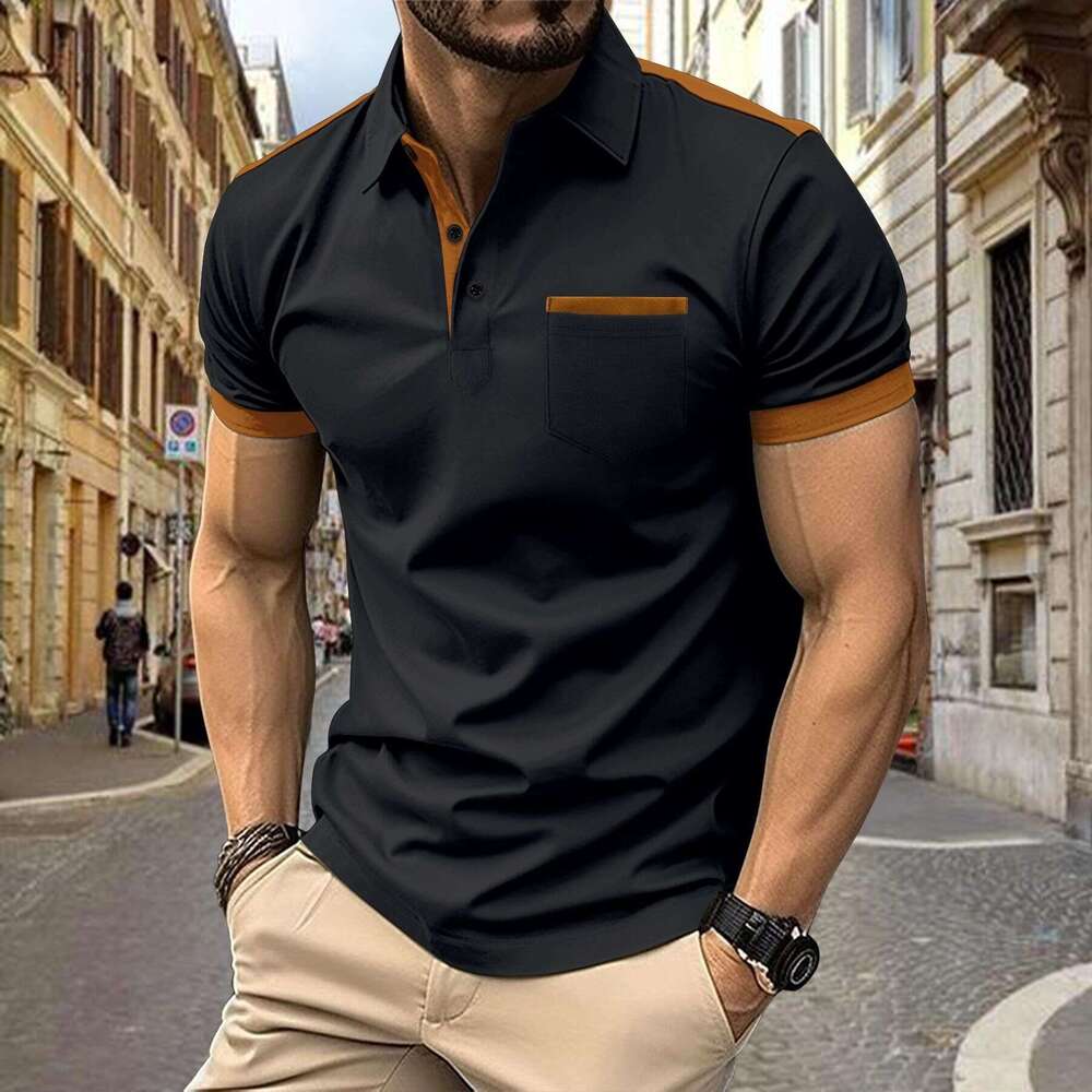New men's casual polo shirt with chest pocket, lapel button splicing, color matching, versatile T-shirt for 2025 temperament, new trendy clothing