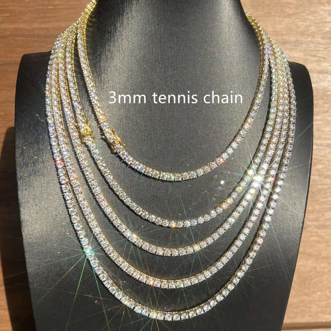 Fashion Jewelry Custom Iced Out Diamond Tennis Chian Sterling Silver 18K Gold Plated Vvs Moissanite 3mm Tennis Necklace