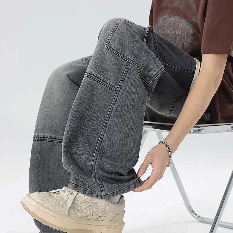 Mens Work Jeans Spring Collection Elastic Waist Pants Loose Straight Wide Legs Street Hip Hop Backpack Fashion 250408