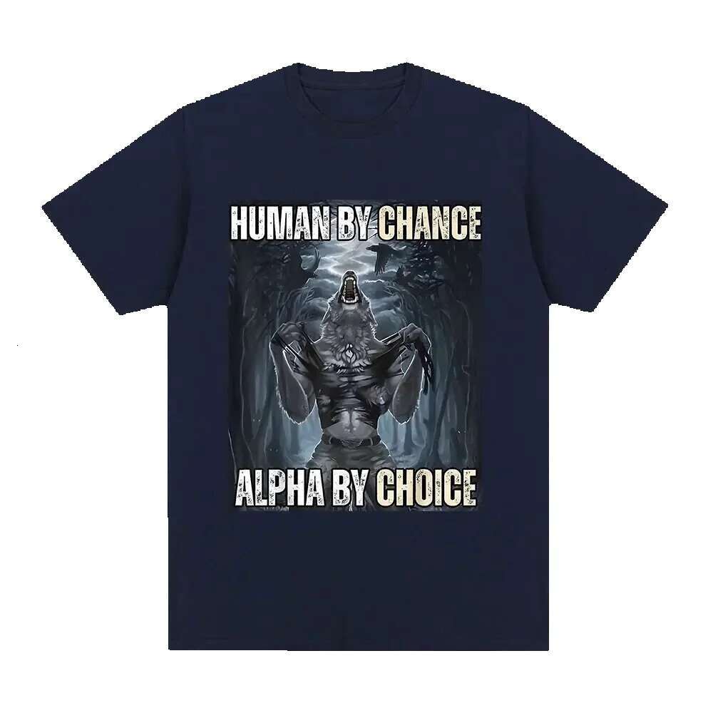 Human Luck Alpha by Choice Wolf funny meme men's casual cotton retro short sleeved oversized T-shirt streetwear