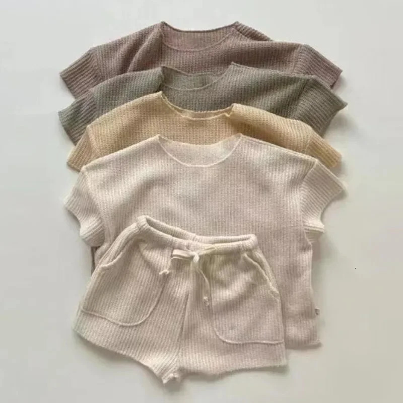 Korean Version Summer Kids Baby Girls Boys Short Sleeve Solid Top Tees Shorts Pants Infant Cute Pure Cotton Loose Clothing Set 250407