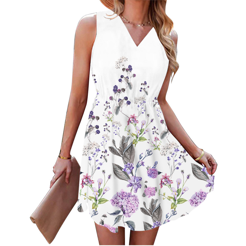 S441Stylish V-Neck Sleeveless Printed Mini Dress for Women - Ideal for International Markets