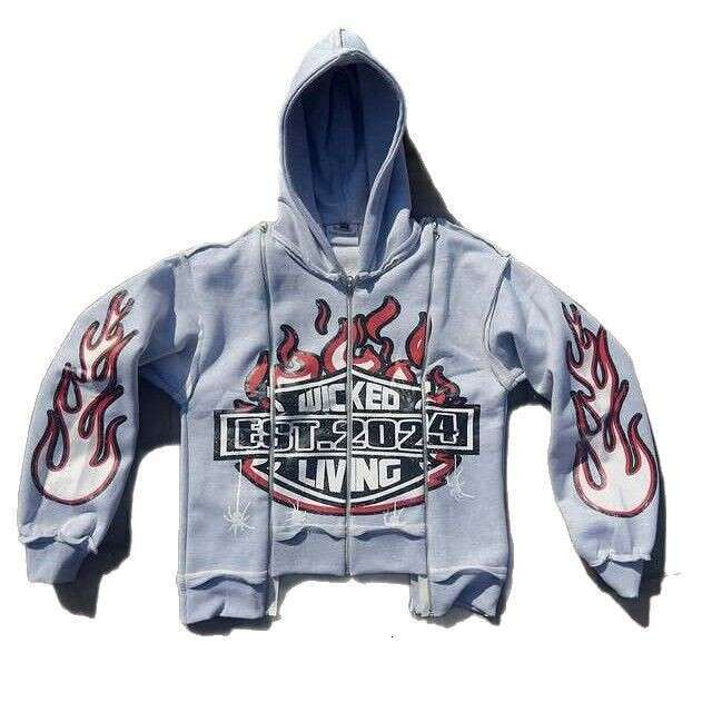 American y2k loose street style unisex spliced flame print pattern pullover hoodie