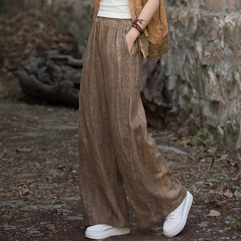 High quality cotton linen wide leg pants for women ly arrived in autumn retro style tie dye loose womens casual Trousers M360 250407