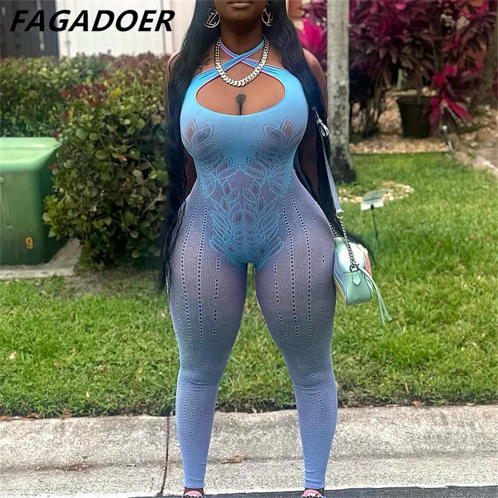FAGADOER Sexy Thickened Lace Hollow Out Halter Bodycon Jumpsuits Women Sleeveless Backless Slim Playsuits Female Overalls 250407